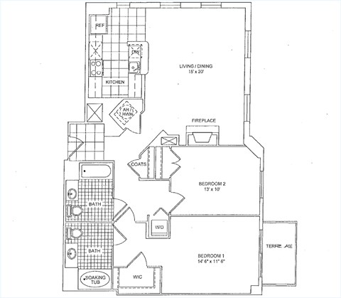 Floor plan for 2 beds, 2 baths, 1167 sqft